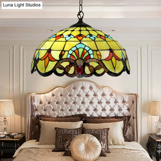 Yellow Stained Glass Lodge Pendant Lamp For Dining Room - 1 Light