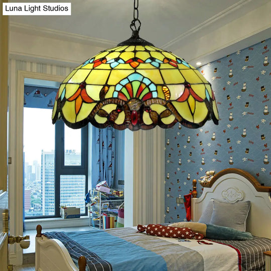 Yellow Stained Glass Pendant Lamp For Dining Room With 1 Light