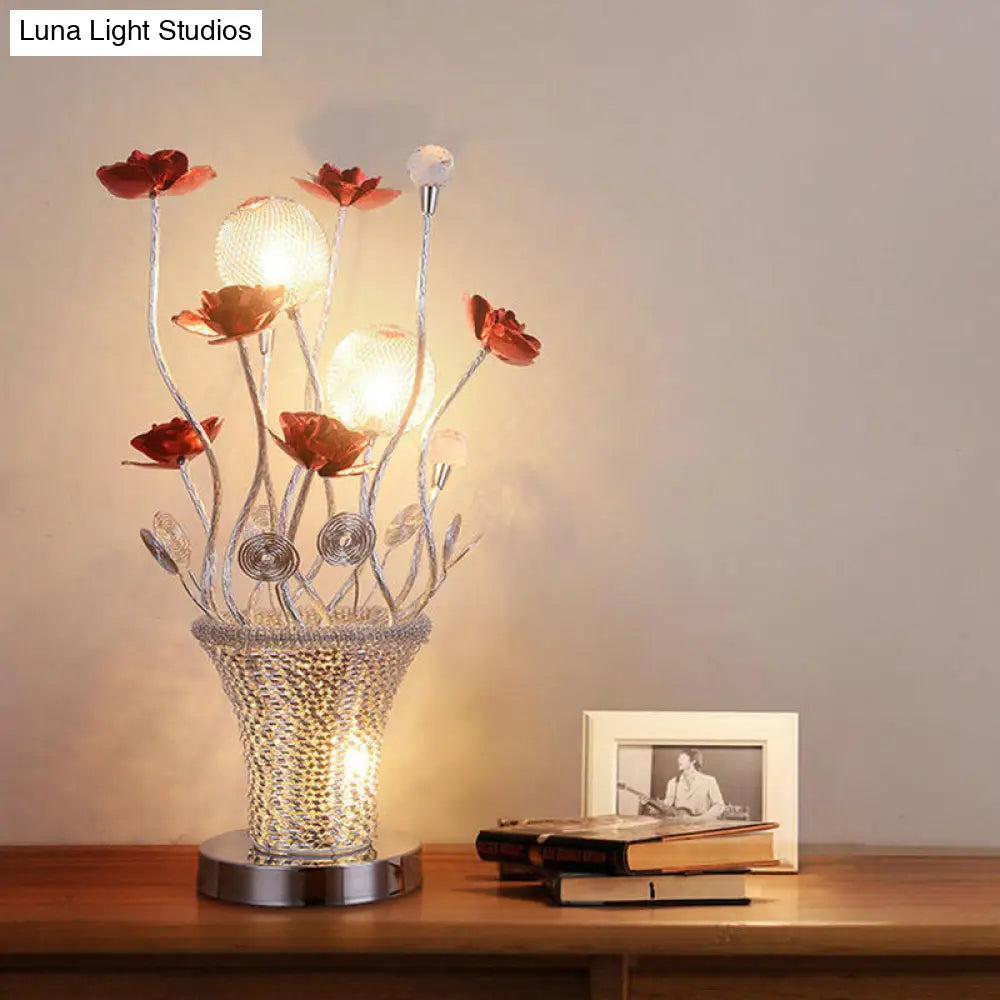 Zoé - Led Potted-Flower Nightstand Light Country Red And Chrome Finish Aluminum Wire Table Lamp